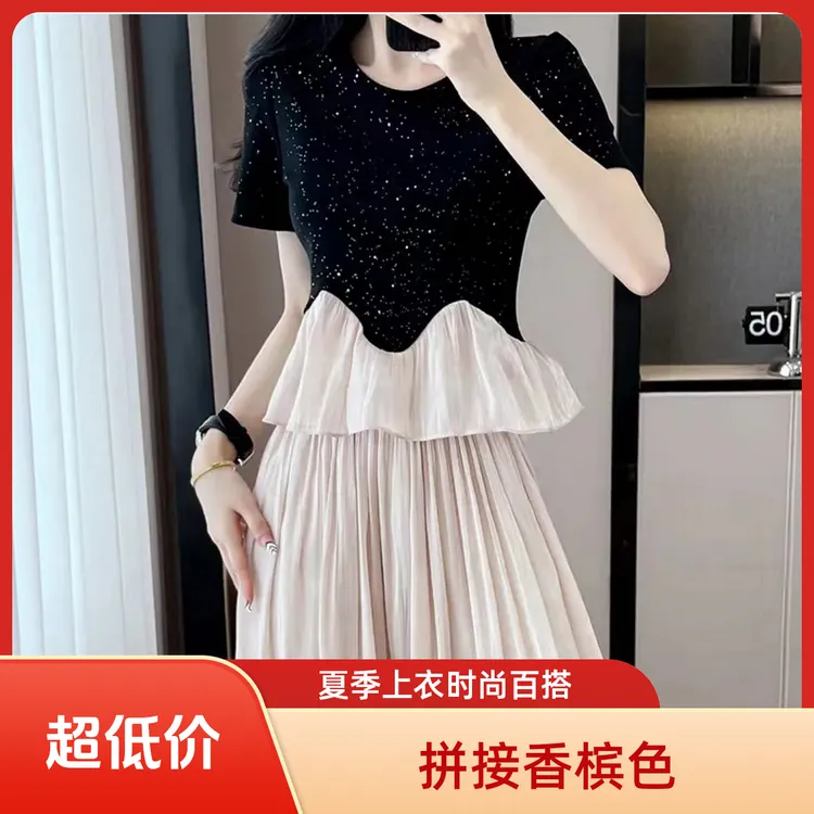 2025夏季时尚爆款小众设计感气质短袖上衣女拼接百搭