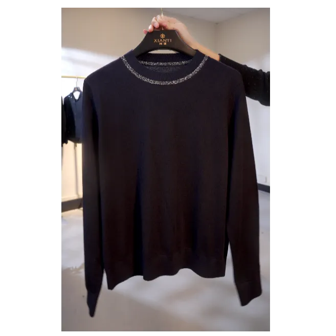 【轻奢-藏蓝】时尚高品质女装银丝撞边圆领长袖羊毛上衣女-2512143