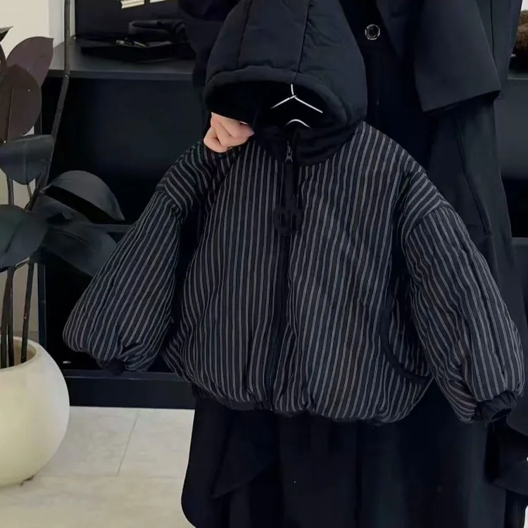 韩系儿童冬季新款加厚棉衣男孩条纹连帽棉服女宝宝宽松保暖棉袄