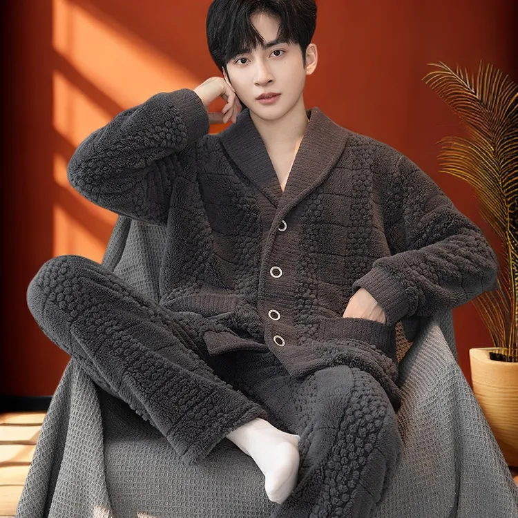 高级感纯色提花男士睡衣秋冬季加绒加厚大码冬天保暖家居服套装