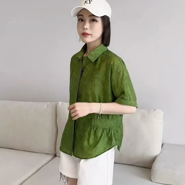 女士气质减龄宽松显瘦翻领短袖提花衬衫夏季百搭小衫CY012