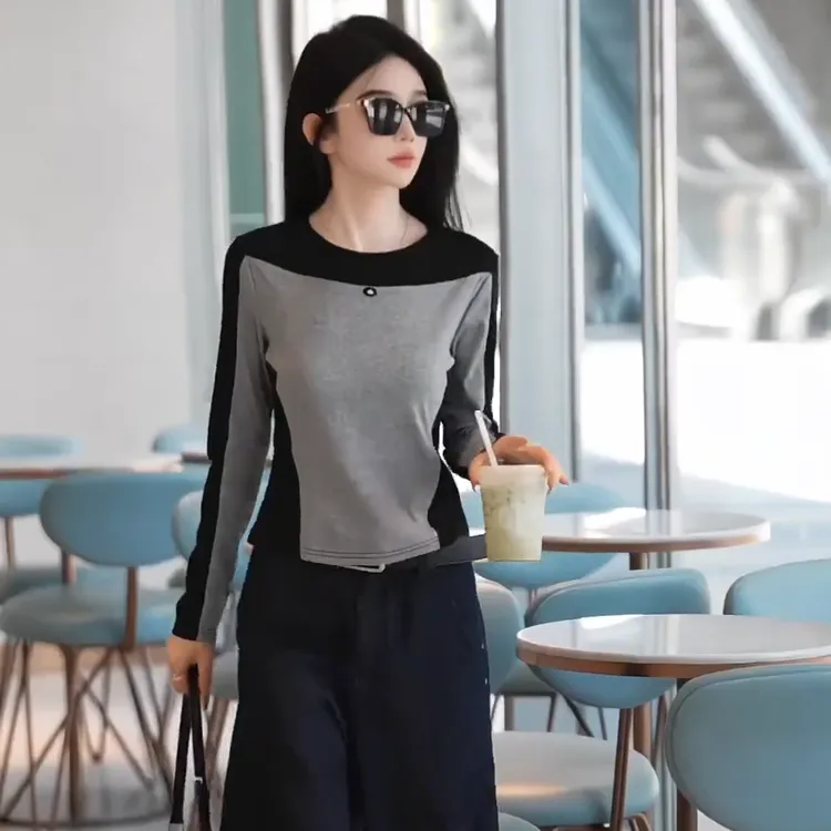 韩版高级感撞色长袖T恤女秋季新款小众不撞款修身显瘦打底衫1675