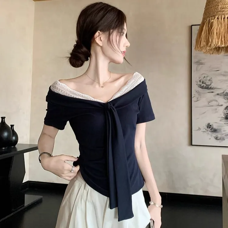 蕾丝拼接一字肩露肩短袖t恤女装夏季洋气衣服绑带修身V领显瘦上衣