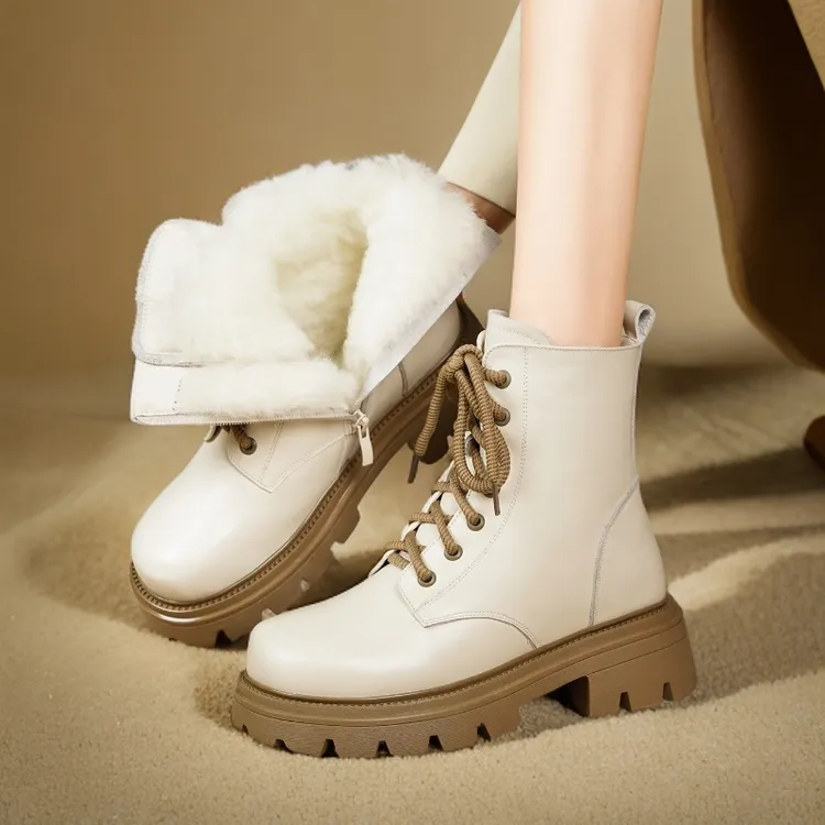 100%头层牛皮马丁靴女真皮毛一体秋冬季加绒加厚底短靴增高雪地靴