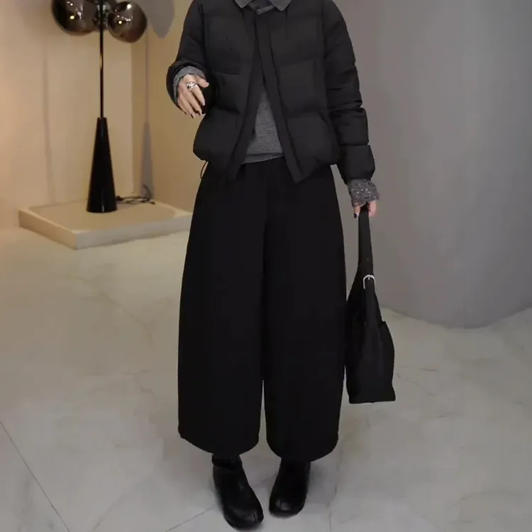 极简风黑色阔腿八分裤女冬季新款高腰宽松显瘦日常通勤加绒休闲裤