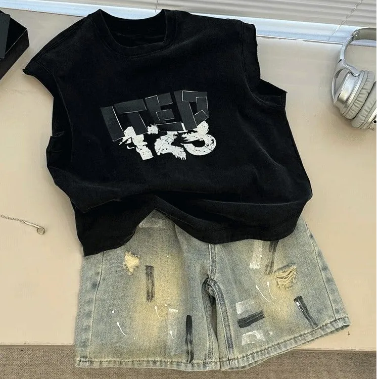 韩国童装男童套装2025爆款春夏洋气时髦背心儿童新品牛仔短裤夏款