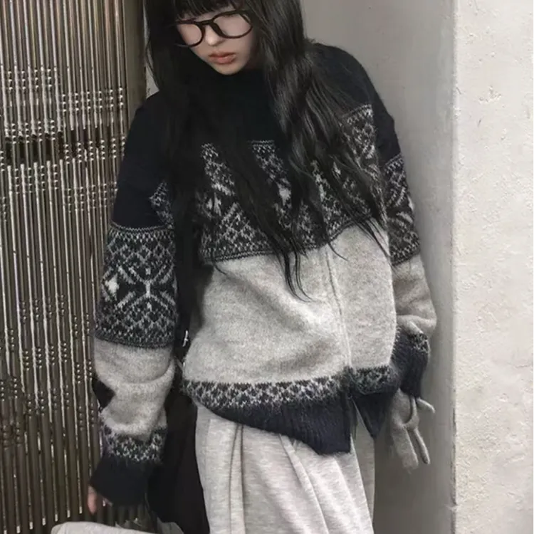 【egg欧货】高级感费尔岛风圆领拉链针织衫女长袖菱形花纹毛衣开衫