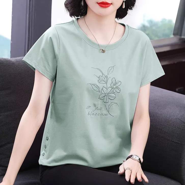 中年妈妈刺绣纯棉短袖T恤女夏装2026新款洋气减龄遮肚上衣服圆领
