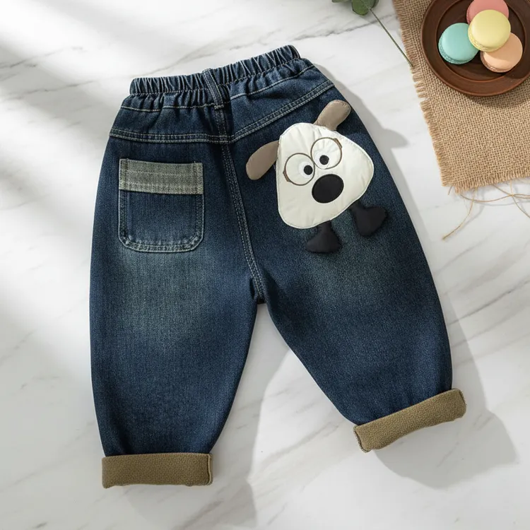 儿童加绒牛仔裤2025新款男童冬装小童洋气冬季宝宝卡通加厚长裤子