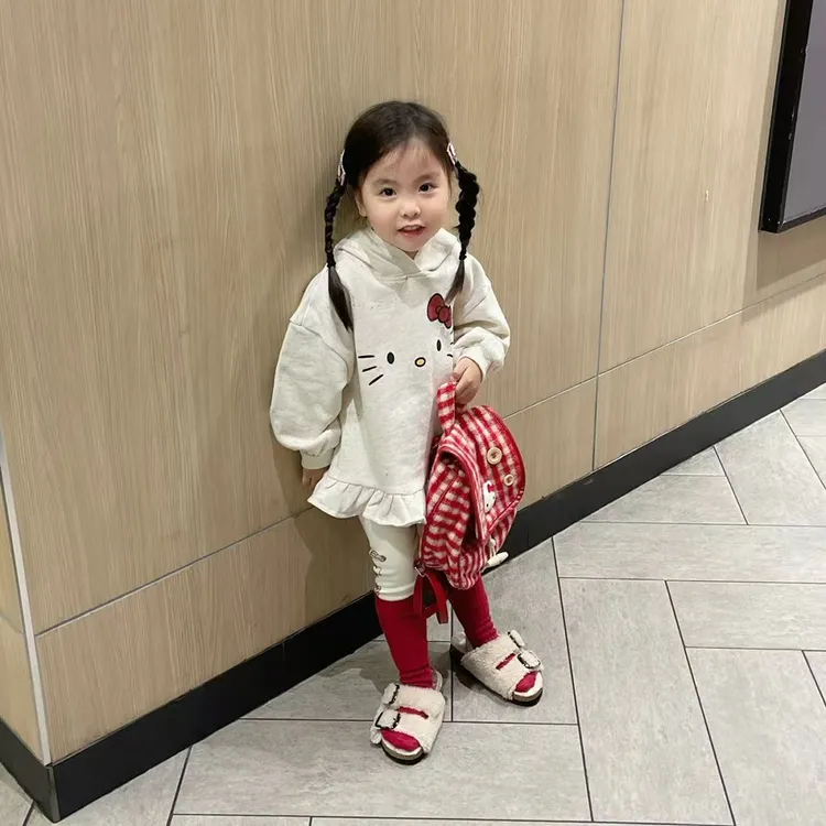 壹妈韩版童装女童秋季套装洋气儿童休闲连帽卡通kt猫卫衣裙打底裤