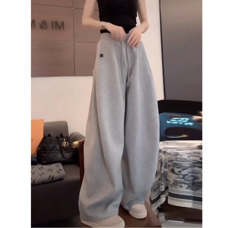 灰色休闲卫裤女2025新款早秋设计感复古慵懒风高腰抽绳显瘦阔腿裤