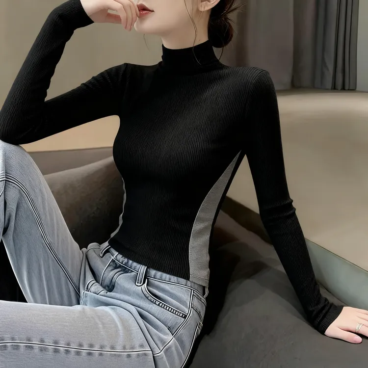 灰色螺纹拼接撞色长袖打底衫女内搭秋冬半高领修身百搭显瘦上衣潮