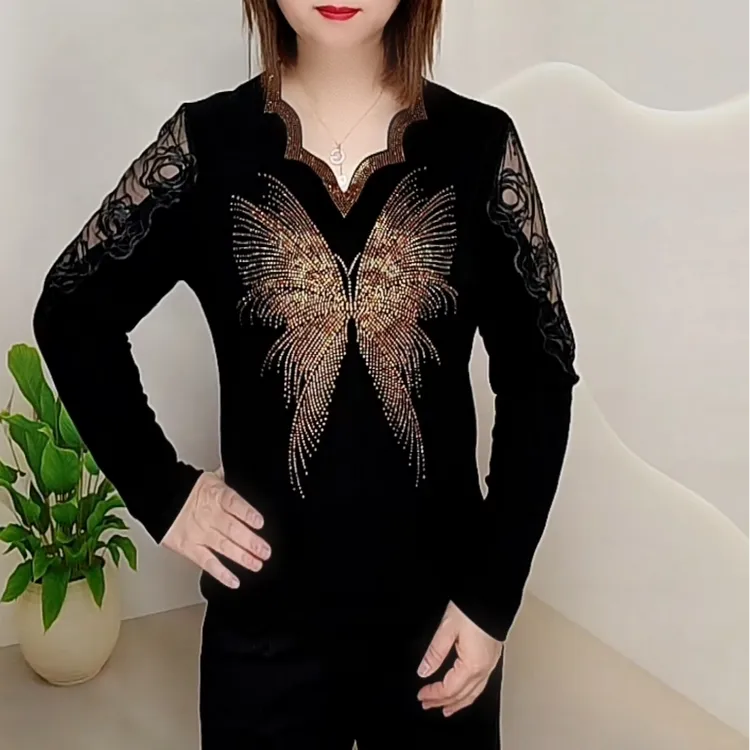 时尚洋气百搭V领烫钻轻奢黑色打底小衫高贵气质修身显瘦上衣女