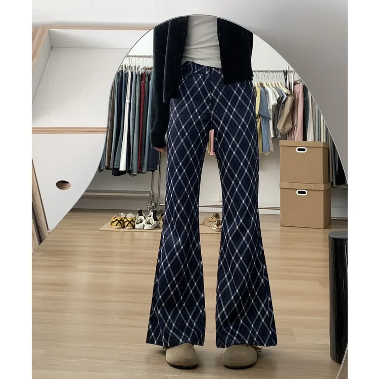 复古蓝格纹喇叭裤女春季新款设计感小众显瘦百搭拖地裤微喇休闲裤