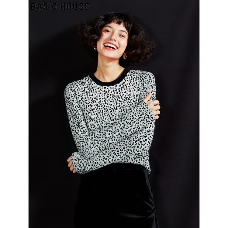 Basic House/百家好豹纹撞色圆领长袖T恤女2026秋冬宽松打底上衣