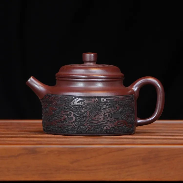 宜兴全手工原矿茶具正宗石红刻绘四大神兽高端自用德钟紫砂茶壶