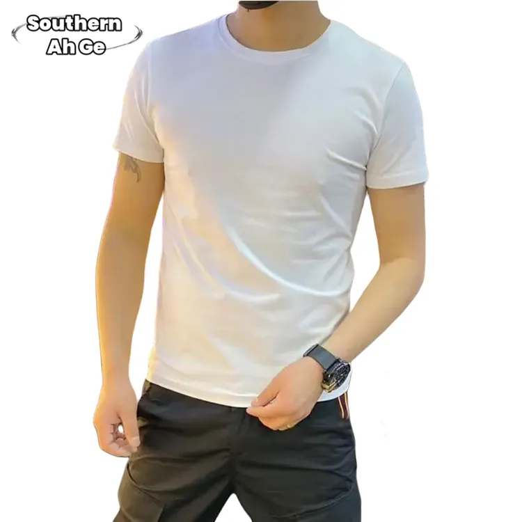 2025夏季高档纯棉短袖T恤男士纯色百搭潮流修身圆领打底半袖上衣