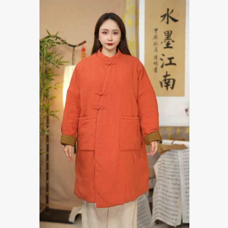 水墨江南-【江南絮】纯亚麻中式盘扣棉衣女中长款 外套秋冬款7282