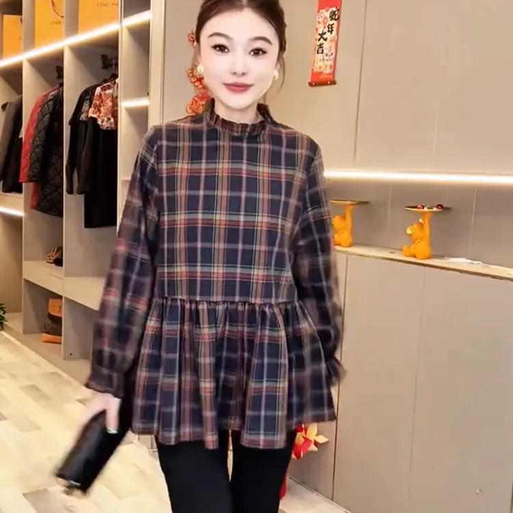 春款韩版复古蓝格纹衬衫速干宽松型圆领网红上衣格子百搭