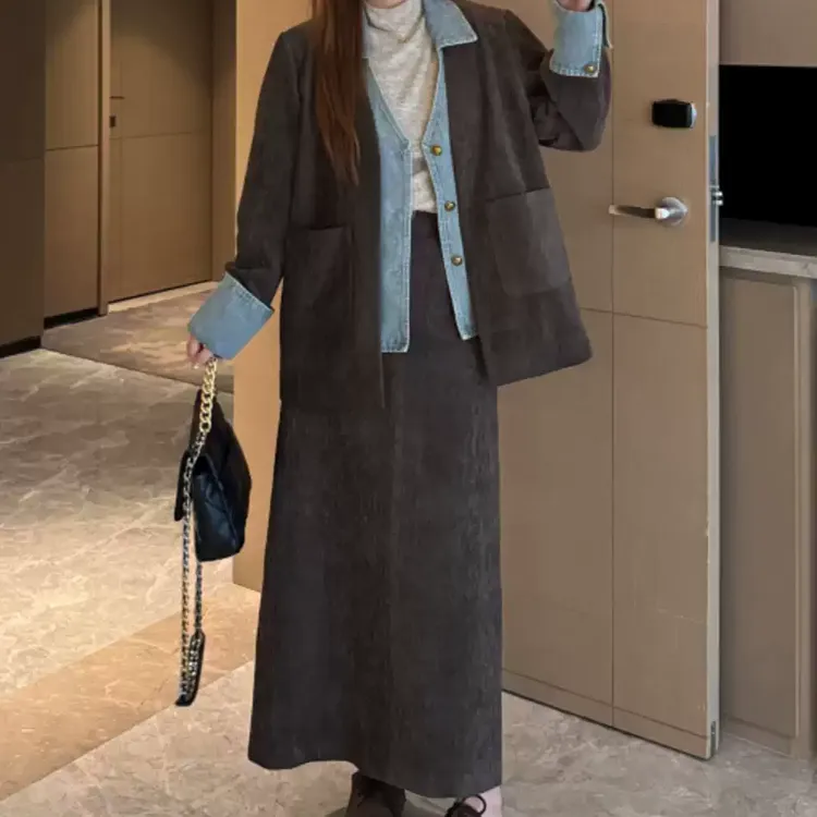 【秋日暖阳】拼接牛仔雪尼尔外套春秋巨显瘦半身裙胖mm微胖套装