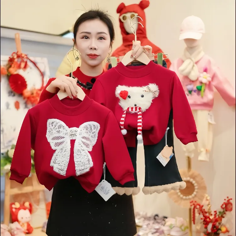 【BEiBi专属】儿童加绒加厚卫衣保暖衣大红色中国风拜年服秋冬季