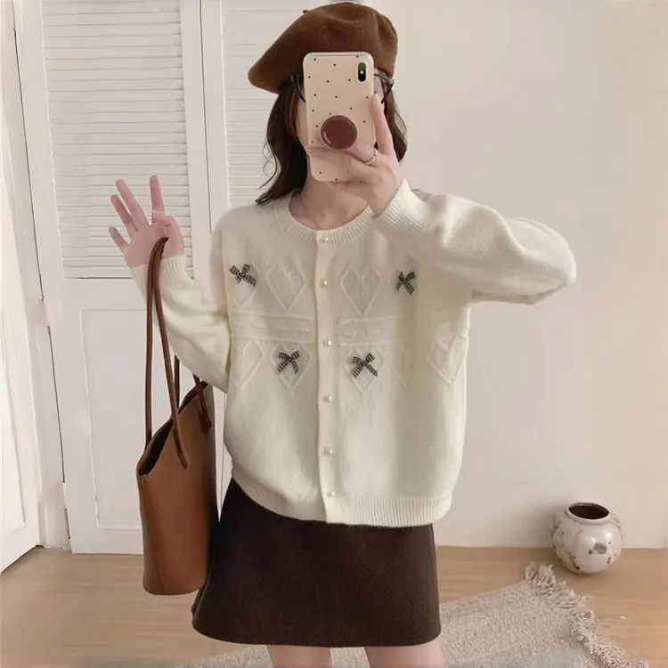 蝴蝶针织长袖蝴蝶结圆领毛针织开衫女装提花秋冬气质外披插肩袖