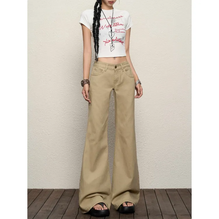美式复古辣妹卡其色牛仔裤女2025夏季新款低腰拖地不贴腿微喇裤子