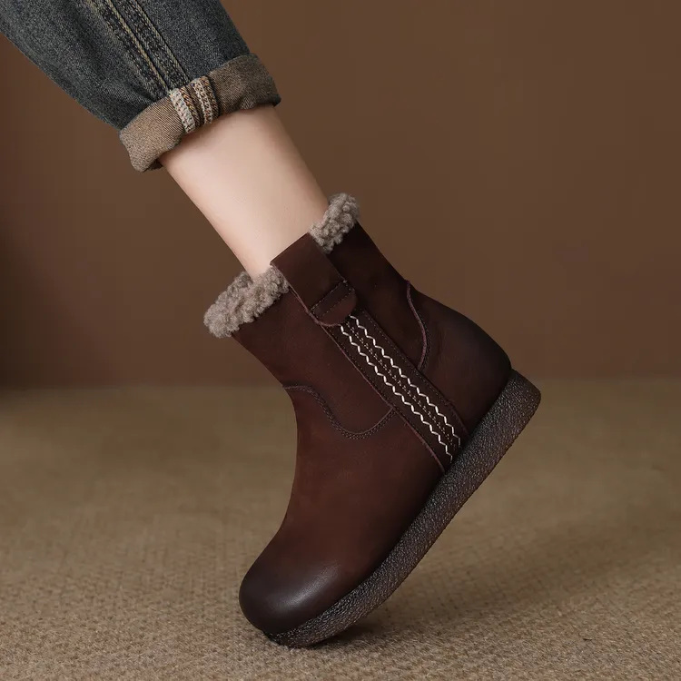 羊羔毛中筒棉鞋女头层牛皮2025新款冬时尚平底雪地靴真皮防滑防水