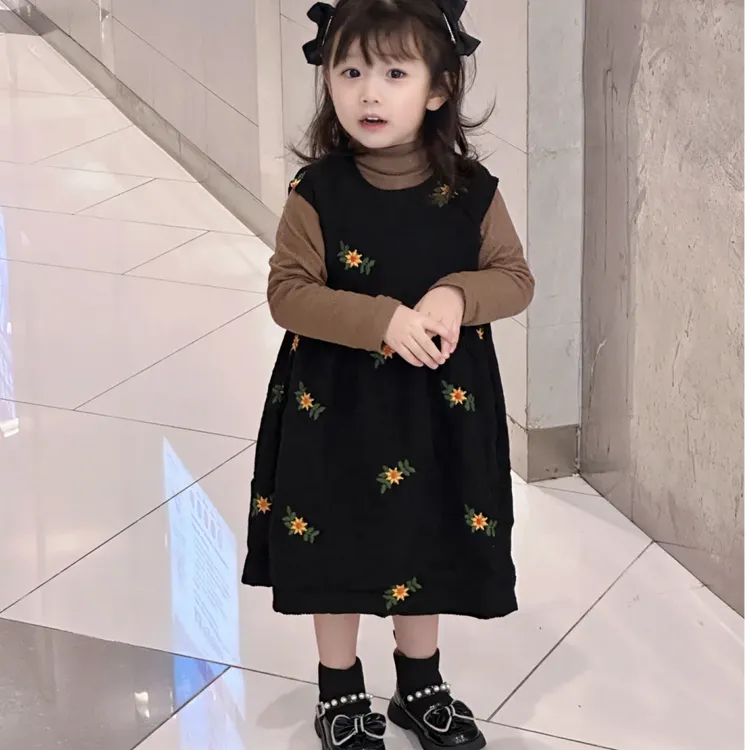 壹妈春秋女童韩版气质刺绣背心裙儿童时尚洋气灯芯绒背带裙套装