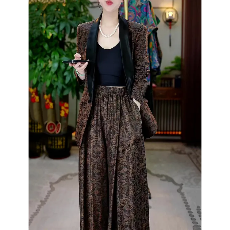 高级感轻奢时尚套装女2025秋季新款民族风宽松显瘦西装外套+裤子