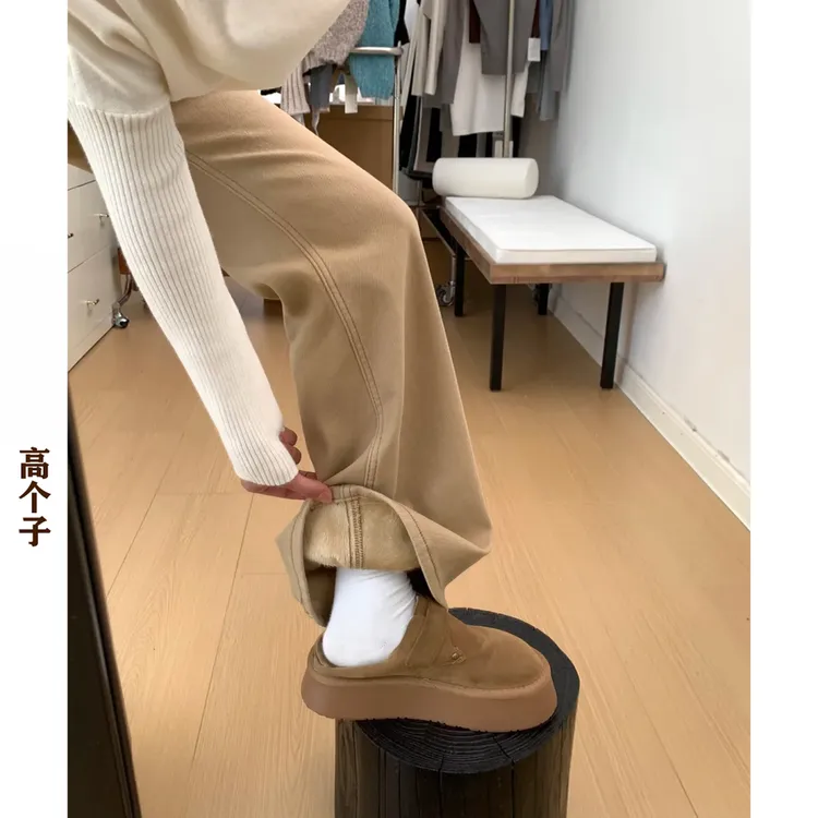 高个子加长版美式卡其色微喇牛仔裤女加绒加厚秋冬新款不贴腿阔腿
