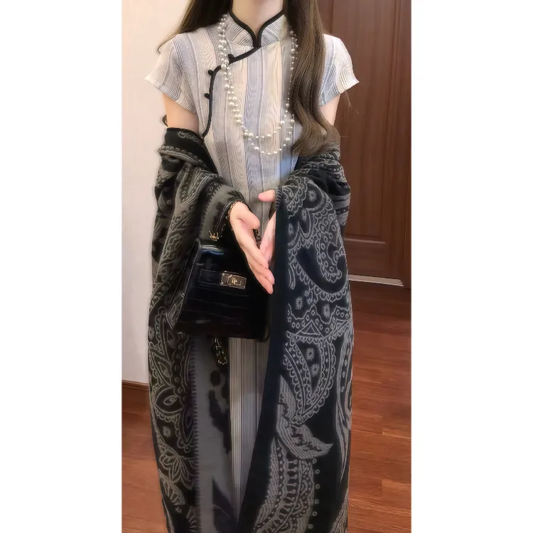 新中式国风复古条纹改良旗袍连衣裙收腰气质长裙&披肩外套9767