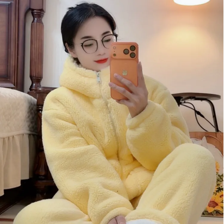 巨保暖】2025冬季复合加绒加厚北极绒连帽韩版宽松外穿套装睡衣