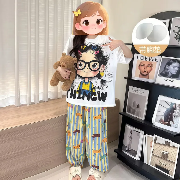 睡衣女夏季女款爆款2025新款薄款宽松可外穿休闲短袖家居服两件套