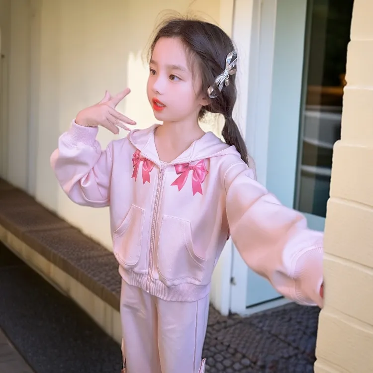 女童春秋款三件套装洋气中大童休闲连帽外套束脚裤打底衫儿童衣服