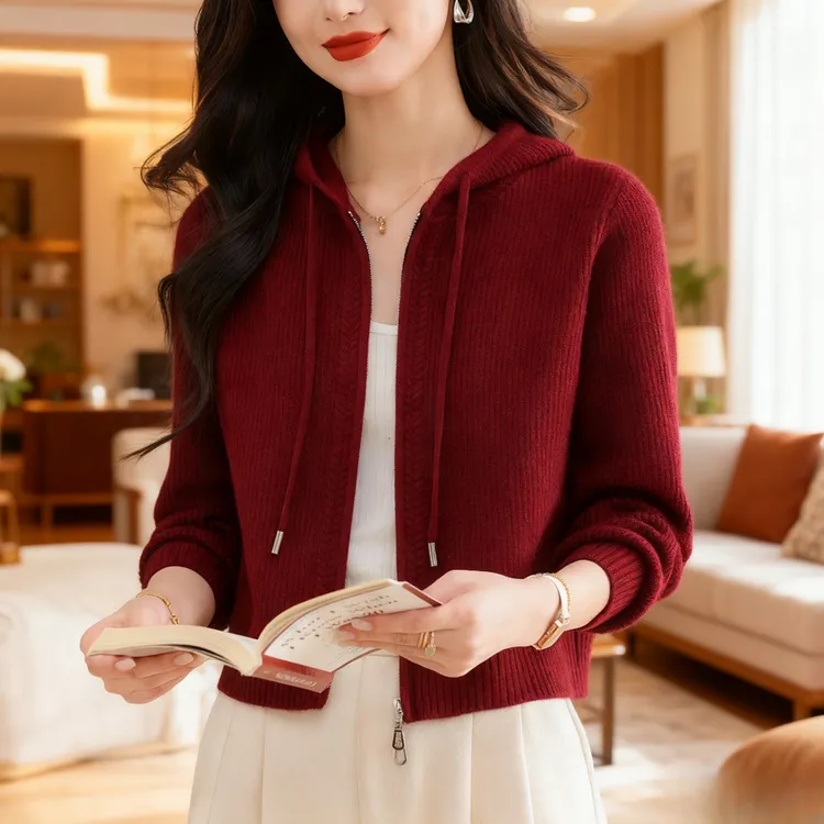 爆款纯羊毛衫女士毛衣秋冬妈妈连帽上衣高腰短款拉链针织开衫外套