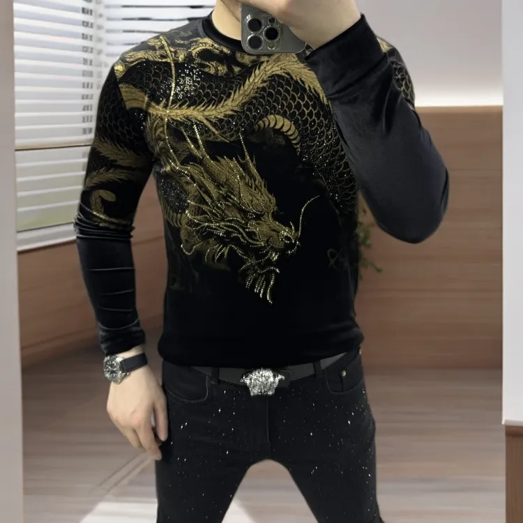 KEMPOTIWON男士秋季新款金丝绒长袖圆领印花卫衣修身打底衫上衣