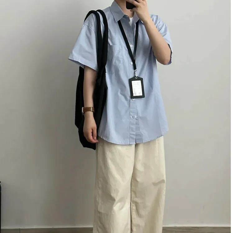 春秋重磅白衬衫纯色外穿短袖宽松浅蓝黑色外穿显瘦男士衬衫外套
