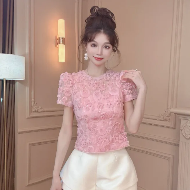 【清一件不留】杏色朦胧透提花设计女春夏季设计感显瘦上衣-11588