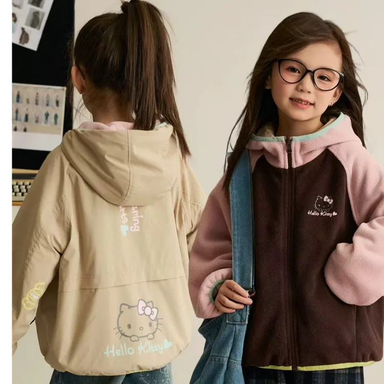 2025秋冬女童KT猫两面穿冲锋衣连帽洋气外套休闲连帽
