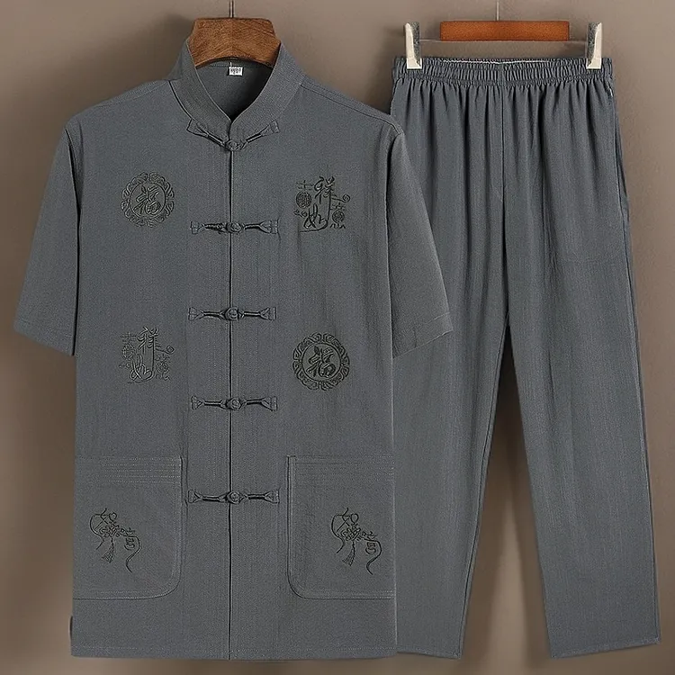 恒源祥集团彩羊唐装男夏季棉麻中老年加大码老人过寿生日衣服