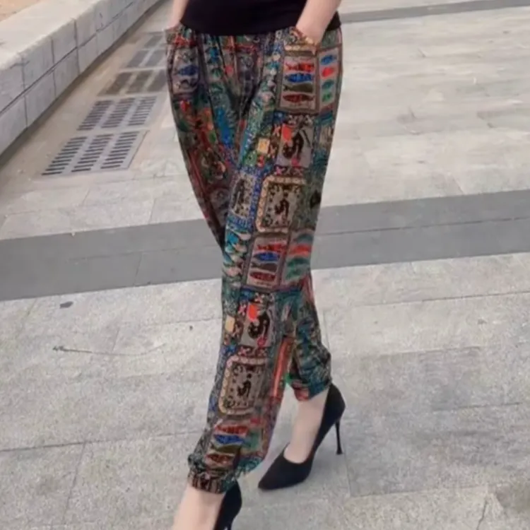 时尚复古花色休闲裤夏季休闲风微弹力透气百搭长裤女装宽松束脚裤