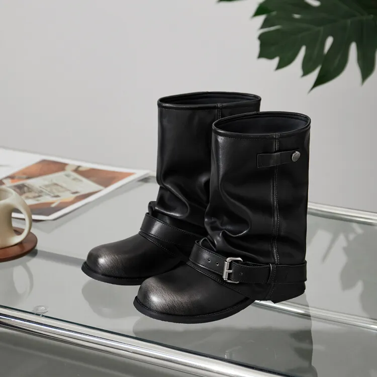 CBMT真皮洋气裤管靴秋季大筒围堆堆褶皱西部短靴女复古骑士靴子