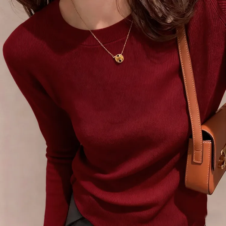 羊毛衫女秋冬季长袖圆领针织衫红色毛衣打底衫内搭百搭红色上衣