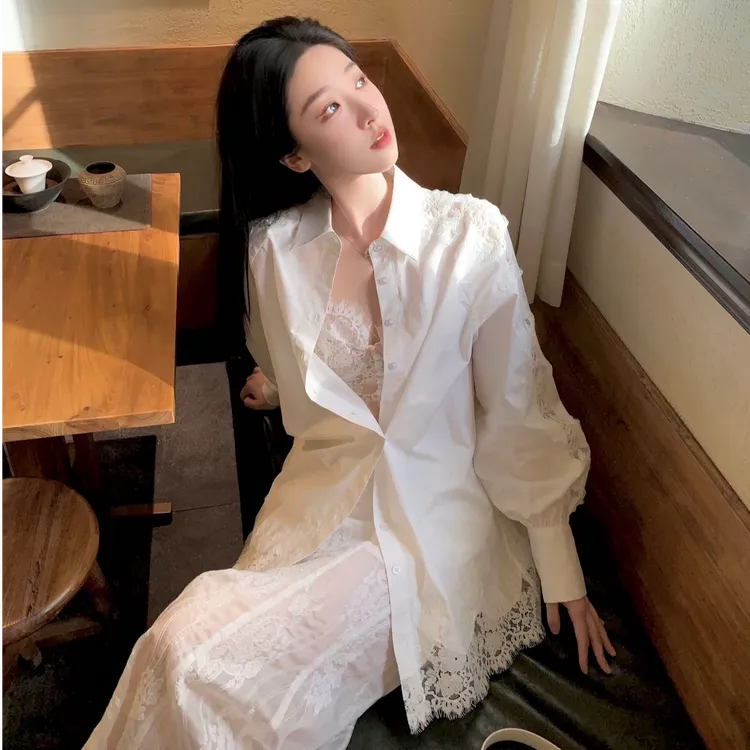 蕾丝镂空设计衬衫吊带半身裙套装春夏感时尚穿搭显瘦气质衬衣长袖