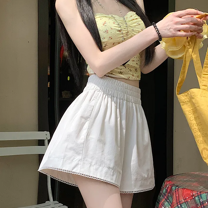 纯棉白色花边短裤女夏天2025新款阔腿高腰减龄韩版小个子休闲裤子