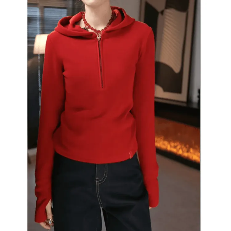 双面德绒锁温自发热轻暖半拉链连帽卫衣2025新款秋冬休闲纯色上衣