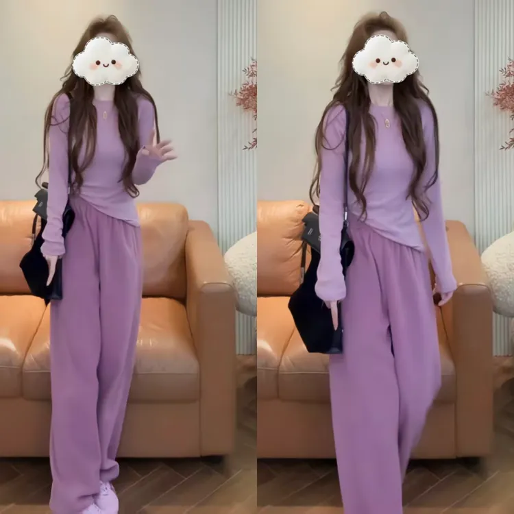 2025冬季新款粉色肉桂两件套韩系时尚 上衣+裤子时尚两件套装