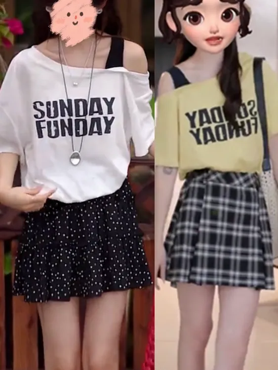 2025夏季新款韩版露肩字母印花短袖时尚百搭洋气上衣高腰显瘦短裙