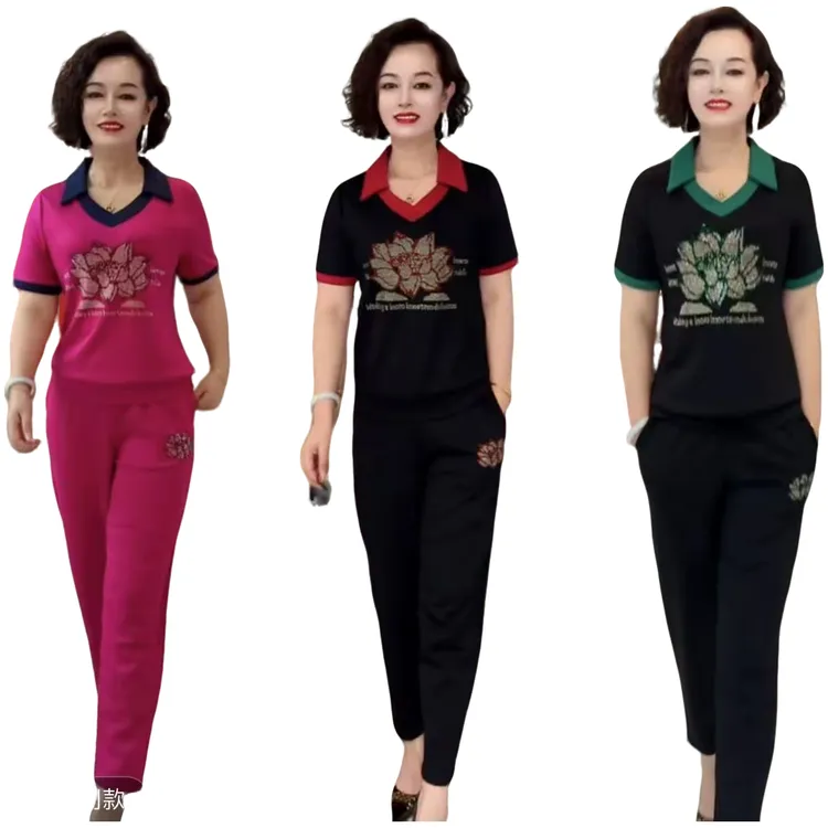 夏季时尚彩钻休闲中老年套装【半袖+裤子】